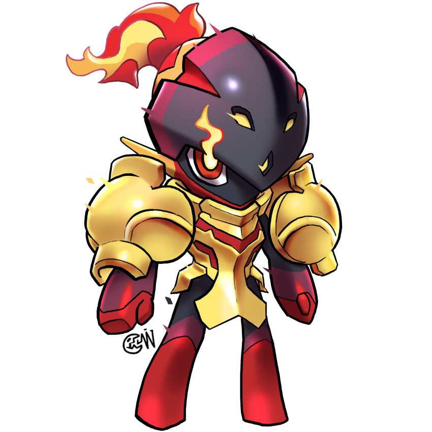 absurdres armarouge armor artist_logo chibi colored_skin cwdw fiery_hair glowing glowing_eyes gold_armor highres looking_at_viewer no_humans pokemon pokemon_(creature) red_eyes red_skin simple_background solo white_background