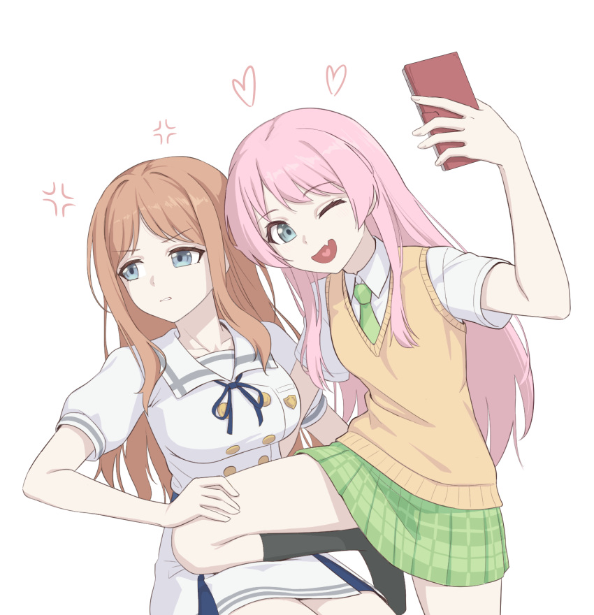 2girls anger_vein bang_dream! bang_dream!_it's_mygo!!!!! black_socks blue_eyes blue_ribbon breasts brown_hair brown_sweater_vest cellphone chihaya_anon chopchopguy collarbone collared_shirt commentary_request fang green_necktie green_skirt grey_eyes haneoka_school_uniform heart heart_in_mouth highres holding holding_phone knee_up kneehighs long_hair medium_breasts multiple_girls nagasaki_soyo neck_ribbon necktie no_shoes one_eye_closed open_mouth parted_lips phone pink_hair pleated_skirt puffy_short_sleeves puffy_sleeves ribbon sailor_collar school_uniform selfie serafuku shirt short_sleeves sidelocks simple_background skin_fang skirt small_breasts smartphone socks sweater_vest tsukinomori_school_uniform white_background white_sailor_collar white_serafuku white_shirt white_skirt