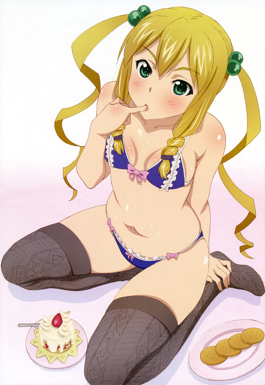 absurdres black_legwear blonde_hair blush bra breasts cake cleavage finger_in_mouth flat_chest food green_eyes highres himegami_kodama legs long_hair maken-ki! non-web_source nyantype official_art panties scan sitting solo takami_akio thighhighs twintails underwear underwear_only very_long_hair yokozuwari