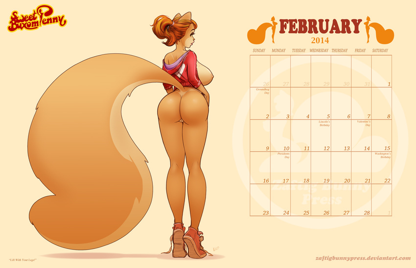 big_breasts big_butt big_tail bottomless breasts brown_hair butt calender clothing female fluffy_tail freckles fur green_eyes hair hi_res lips long_hair looking_back mammal orange_fur penny_flynn ponytail pussy rodent shirt shoes solo squirrel standing thighs zaftigbunnypress