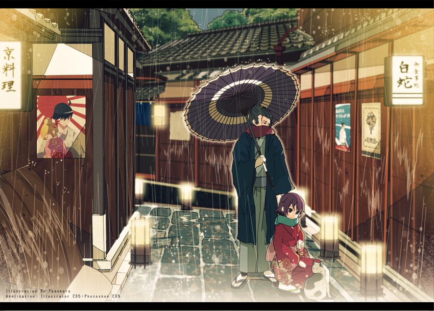 1girl araragi_koyomi architecture bad_id bad_pixiv_id black_hair east_asian_architecture haori japanese_clothes kaiki_deishuu kimono koimonogatari monogatari_(series) oshino_shinobu poster_(object) purple_hair rain scarf senjougahara_hitagi sett short_hair umbrella yadokugaeru