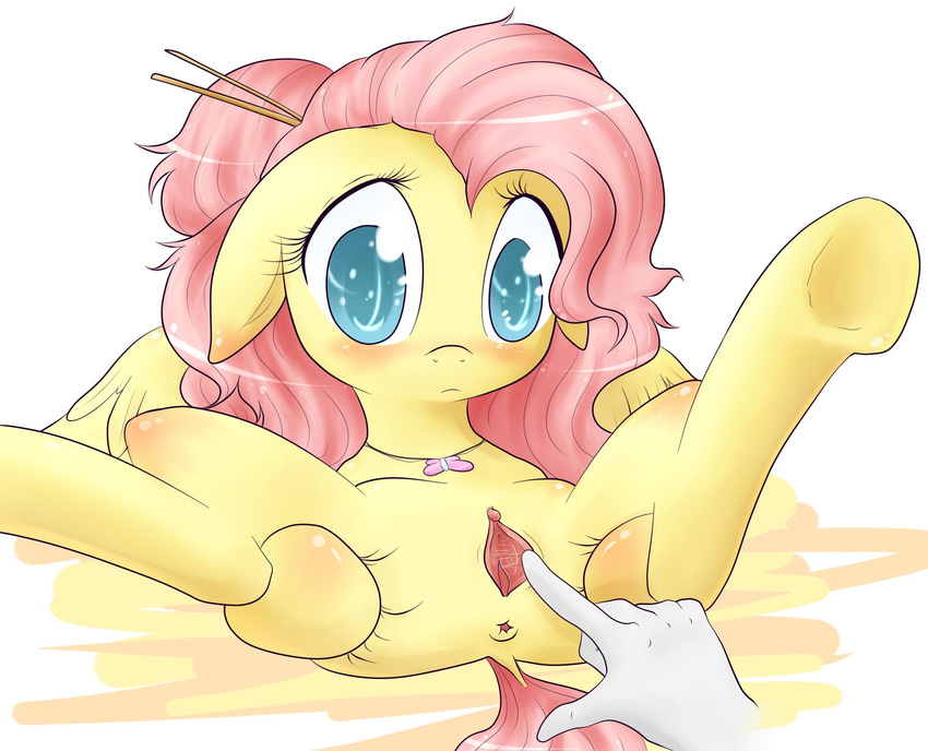 anus blue_eyes blush disembodied_hand equine female feral fluttershy_(mlp) friendship_is_magic fur hair hand hi_res hooves horse long_hair mammal my_little_pony pegasus pink_hair plain_background pony pussy solo spikedmauler spread_legs spreading white_background wings yellow_fur