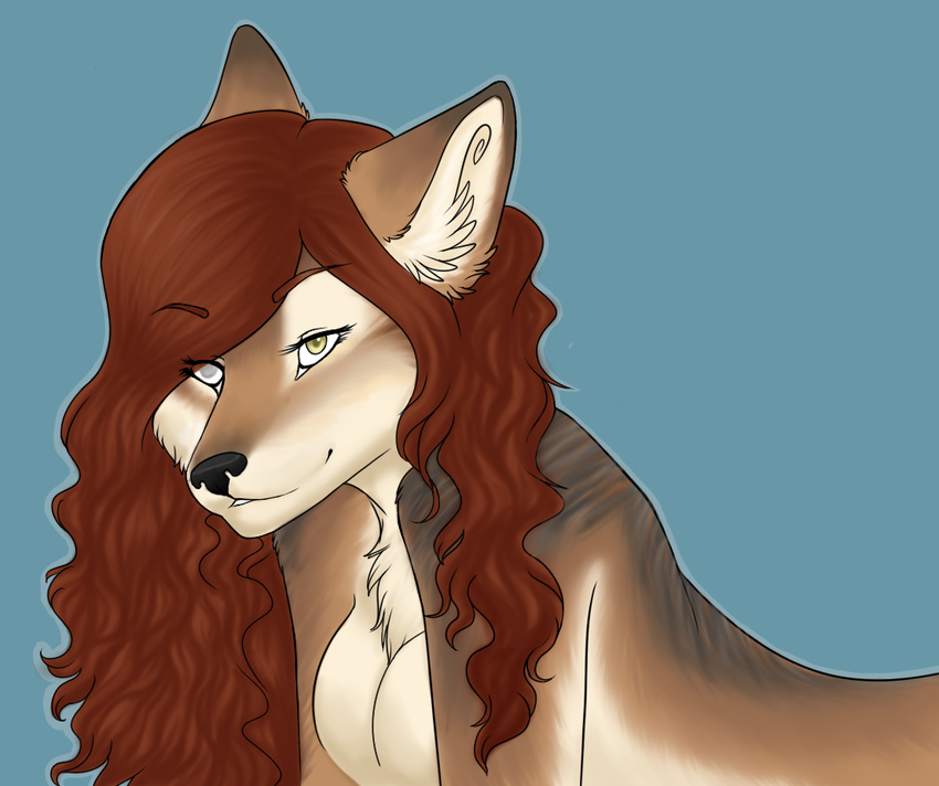 absurd_res anthro aska_dalmanis black_nose blind blue_background breasts canine chest_tuft ear_tuft eura eye_lashes eyelashes female fur hair hi_res long_hair looking_at_viewer mammal nude plain_background red_hair side_boob smile solo timber_wolf tuft wolf