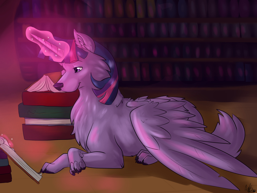 book book_shelf bookshelf canine claws ear_tuft female feral friendship_is_magic fur glowing hair horn kakashischika library lying magic mammal multi-colored_hair my_little_pony purple_eyes purple_fur purple_hair reading signature solo sparkles tuft twilight_sparkle_(mlp) wings wolf