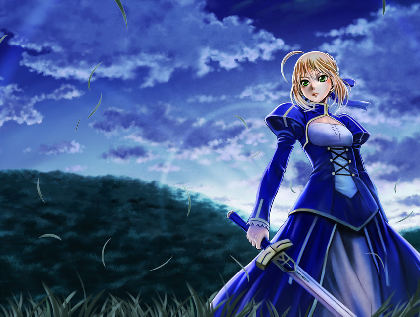ahoge artoria_pendragon_(all) blonde_hair dress excalibur fate/stay_night fate_(series) green_eyes juliet_sleeves long_sleeves o223 puffy_sleeves saber solo sword weapon