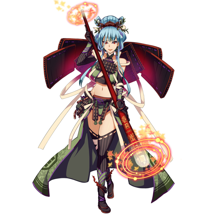 blue_hair elbow_gloves gloves highres kawagoe_pochi midriff navel red_eyes revision sengoku_slayer solo thighhighs weapon