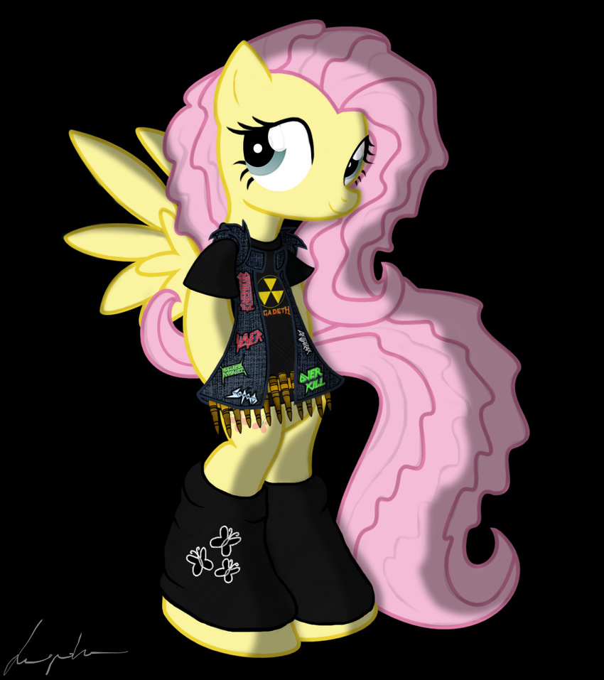 anthrofied benprower blue_eyes clothing cutie_mark equine female fluttershy_(mlp) friendship_is_magic fur hair heavy_metal horse long_hair mammal messy_hair metal my_little_pony pegasus pink_hair plain_background pony signature smile solo thrash_metal wings yellow_fur