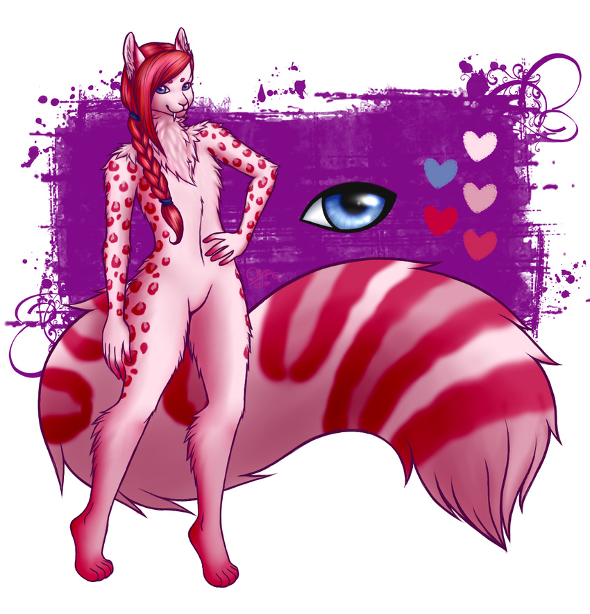 anthro blue_eyes braid braided_hair chiroina chyo feline fluffy fluffy_tail fur girly him him_the_baker huge_tail male mammal markings model_sheet pink_fur red_markings saber_tooth_squirrel