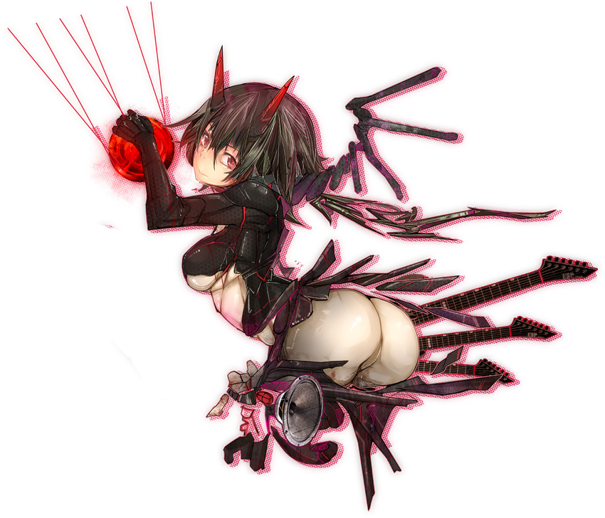 ass black_hair blood breasts guitar horns instrument large_breasts monster_girl original red_eyes rib:y(uhki) short_hair smile solo transparent_background