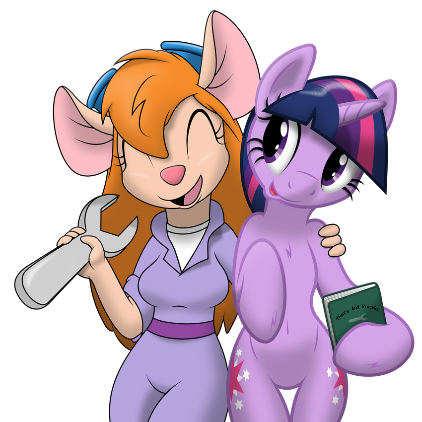 absurd_res alpha_channel anthro blonde_hair blue_eyes blue_hair book chip_'n_dale_rescue_rangers chip_'n_dale_rescue_rangers clothing coveralls cutie_mark disney equine eyewear female feral flutterguy317 friendship_is_magic gadget_hackwrench goggles hair hi_res horn horse long_hair mammal mouse multi-colored_hair my_little_pony open_mouth plain_background pony purple_eyes purple_hair rodent smile tg-0 transparent_background twilight_sparkle_(mlp) unicorn wrench