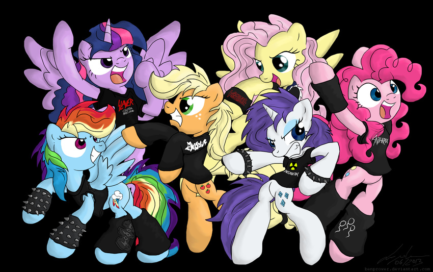 band benprower clenched_teeth clothing cutie_mark equine female fluttershy_(mlp) friendship_is_magic group hair horn horse long_hair mammal metal my_little_pony pegasus pinkie_pie_(mlp) plain_background pony rainbow_dash_(mlp) rarity_(mlp) smile teeth twilight_sparkle_(mlp) unicorn winged_unicorn wings