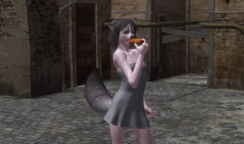 annonymouse anthro black_hair blue_eyes canine dress eating food fox hair hot_dog mammal ziri