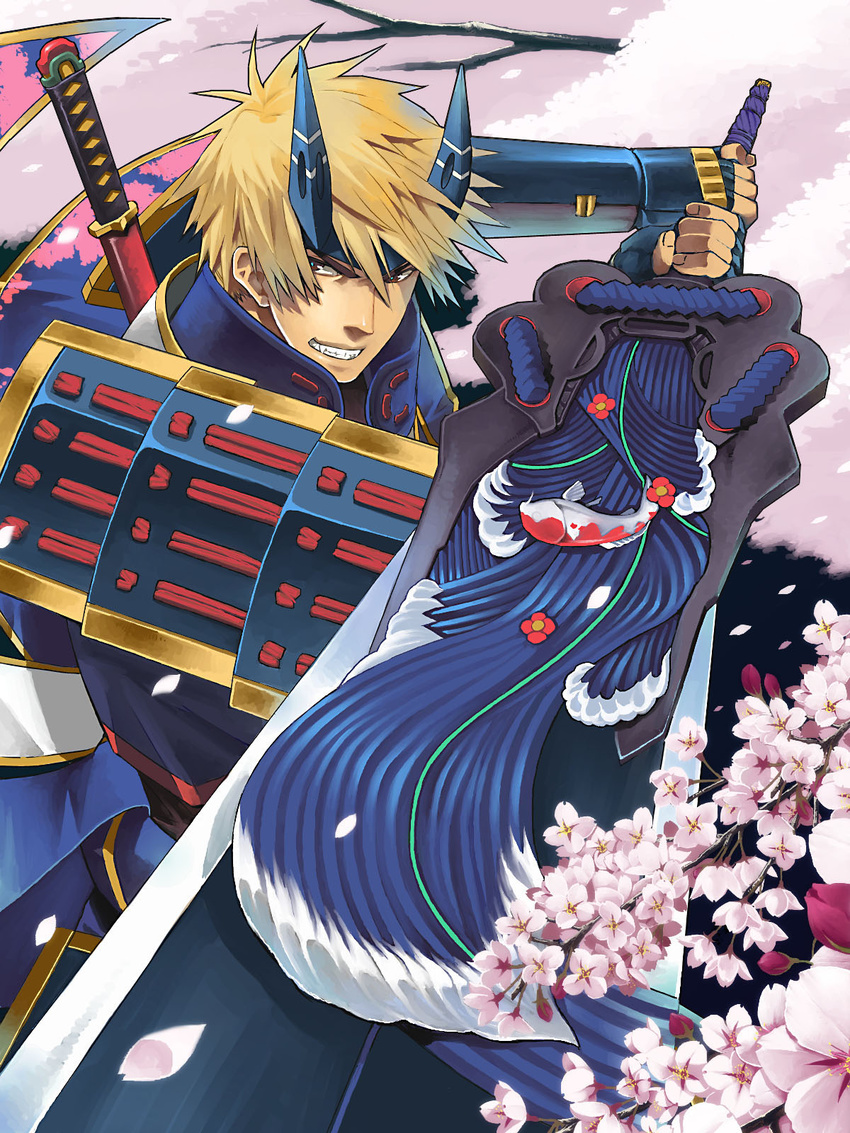 armor bad_id bad_pixiv_id blonde_hair cherry_blossoms highres horns japanese_armor kaijin_no_souki male_focus onimusha onimusha:_dawn_of_dreams shoulder_armor sode solo sword tktg weapon