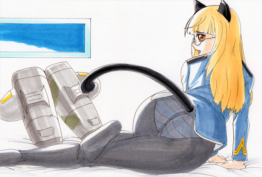 animal_ears ass bad_id bad_pixiv_id black_legwear blonde_hair cat_ears cat_tail feet glasses hayami_jin highres long_hair looking_back military military_uniform open_mouth panties panties_under_pantyhose pantyhose perrine_h_clostermann strike_witches striker_unit striped striped_panties tail underwear uniform world_witches_series yellow_eyes