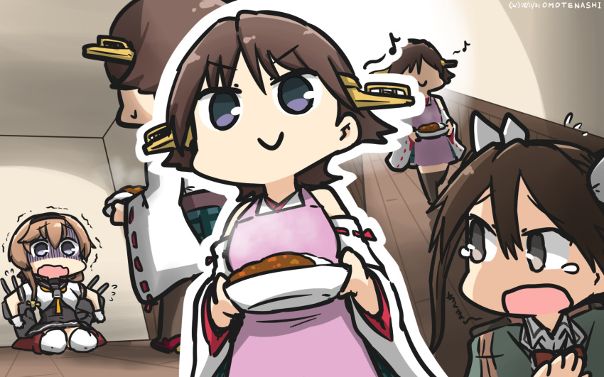 3girls ahoge bare_shoulders boots braid brown_hair chou-10cm-hou-chan_(teruzuki's) chou-10cm-hou-chan_(teruzuki's) commentary_request constricted_pupils corset curry curry_rice dated detached_sleeves elbow_gloves flipped_hair food gloves green_skirt grey_eyes hair_between_eyes hair_flaps hair_ribbon hairband hamu_koutarou headband headgear hiei_(kantai_collection) highres japanese_clothes kantai_collection light_brown_hair long_hair miniskirt multiple_girls musical_note nontraditional_miko open_mouth plaid ribbon ribbon-trimmed_sleeves ribbon_trim rice scared school_uniform shaded_face short_hair single_elbow_glove sitting skirt smile smug spoken_musical_note teruzuki_(kantai_collection) thigh_boots thighhighs tone_(kantai_collection) trembling twin_braids twintails white_ribbon wooden_floor