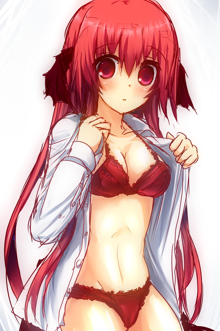 absurdres bat_wings blush bra breasts cleavage dress_shirt head_wings highres koakuma long_hair looking_at_viewer medium_breasts no_pants open_clothes open_shirt pandamonium panties red_bra red_eyes red_hair red_panties shirt simple_background sketch solo touhou underwear white_background wings