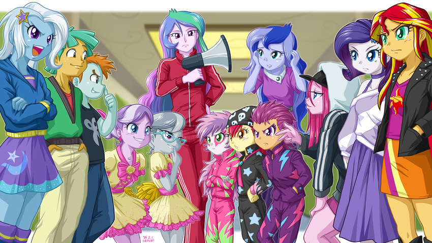 amber_eyes apple_bloom_(eg) blue_eyes blue_hair clothed clothing diamond_tiara_(eg) dress equestria_girls eyewear freckles glasses green_eyes green_hair grey_hair group hair hat hoodie human humanized jacket mammal megaphone multi-colored_hair my_little_pony orange_hair pink_hair pinkamena_(eg) pinkie_pie_(eg) princess_celestia_(eg) princess_luna_(eg) purple_eyes purple_hair rarity_(eg) red_hair scootaloo_(eg) silver_spoon_(eg) skirt snails_(eg) snips_(eg) sunset_shimmer_(eg) sweetie_belle_(eg) tracksuit trixie_(eg) two_tone_hair uotapo