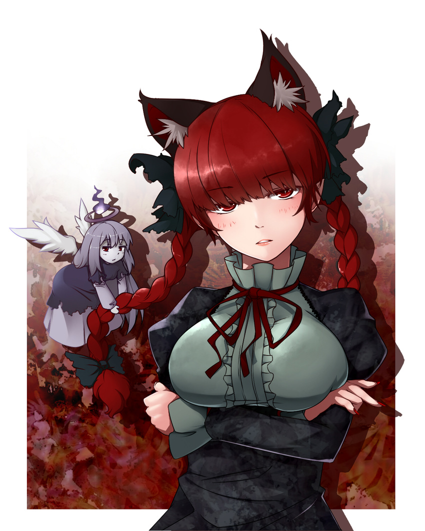 animal_ears blush bow braid breasts cat_ears crossed_arms extra_ears highres kaenbyou_rin large_breasts lips long_hair looking_at_viewer multiple_girls open_mouth pointy_ears red_eyes red_hair touhou twin_braids underbust wings winu_(hertrion) zombie_fairy