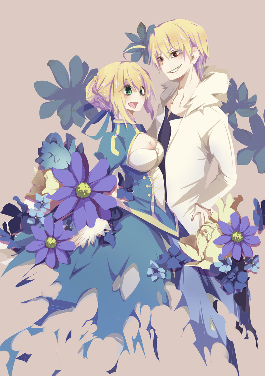 1girl ahoge artoria_pendragon_(all) blonde_hair fate/stay_night fate_(series) flower gilgamesh hair_bun highres msg01 saber