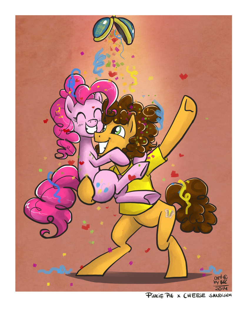 bottomless brown_hair carmalicious cheese_sandwich_(mlp) clothing confetti couple cutie_mark duo equine eyes_closed female friendship_is_magic fur green_eyes hair horse male mammal my_little_pony orange_fur pink_fur pink_hair pinkie_pie_(mlp) pony shirt smile straight