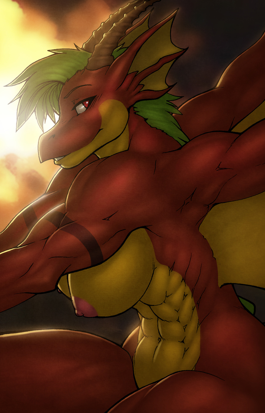 abs anthro big_breasts breasts dragon female fins green_hair hair hi_res horn looking_at_viewer muscles muscular_female nipples nude red_dragon solo strype wings