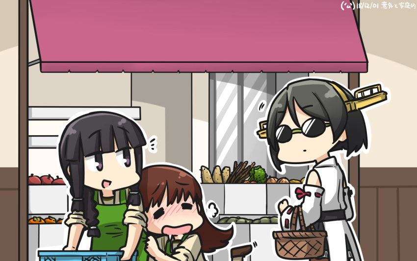 3girls apple apron bangs basket black_hair blunt_bangs boots box braid brown_hair carrot commentary_request cowboy_shot dated detached_sleeves drooling eyes_closed food fruit fruit_stand green_apron hairband hamu_koutarou headgear highres kantai_collection kirishima_(kantai_collection) kitakami_(kantai_collection) long_hair multiple_girls nontraditional_miko onion ooi_(kantai_collection) orange persimmon potato pumpkin purple_eyes remodel_(kantai_collection) ribbon-trimmed_sleeves ribbon_trim school_uniform serafuku short_hair sidelocks single_braid squash sunglasses thigh_boots thighhighs