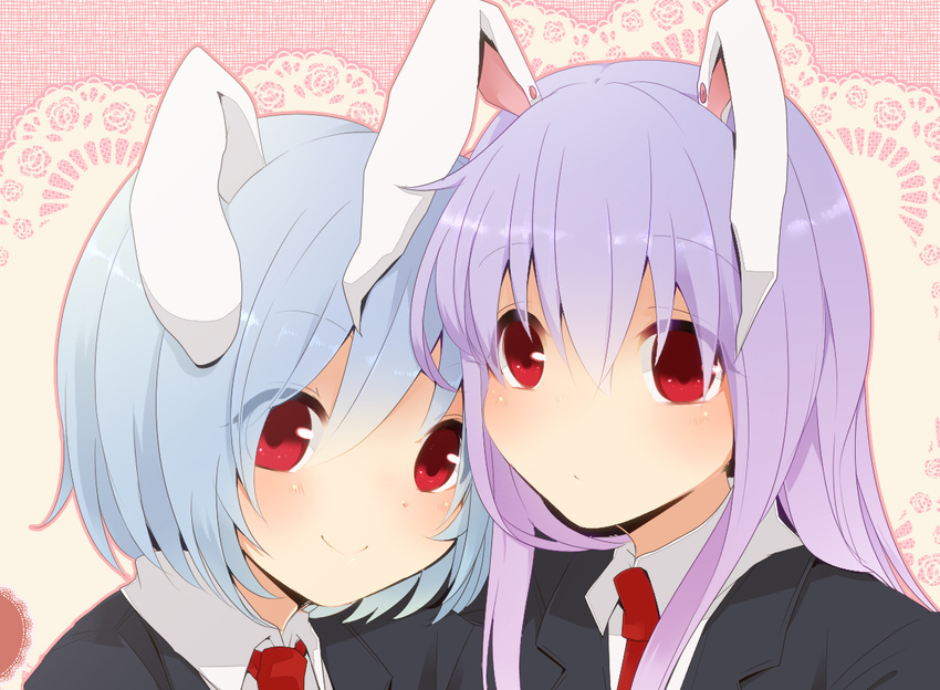 animal_ears aoi_(annbi) blue_hair bunny_ears closed_mouth face jacket looking_at_viewer multiple_girls necktie purple_hair red_eyes red_neckwear reisen reisen_udongein_inaba shirt smile touhou upper_body