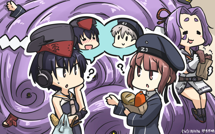 3girls =_= ? absurdly_long_hair asymmetrical_hair bag baguette black_hair black_swimsuit blue_dress blue_eyes bread brown_eyes chibi clothes_writing commentary_request dated dress food framed_breasts gloves groceries hair_between_eyes hamu_koutarou hat hatsuharu_(kantai_collection) headphones highres i-13_(kantai_collection) i-14_(kantai_collection) kantai_collection living_hair long_hair multiple_girls one-piece_swimsuit paper_bag partly_fingerless_gloves peaked_cap plastic_bag ponytail purple_hair remodel_(kantai_collection) sailor_collar sailor_dress sailor_hat school_swimsuit short_hair silver_hair single_glove sitting speech_bubble sweet_potato swimsuit tsurime very_long_hair white_sailor_collar z1_leberecht_maass_(kantai_collection) z3_max_schultz_(kantai_collection)