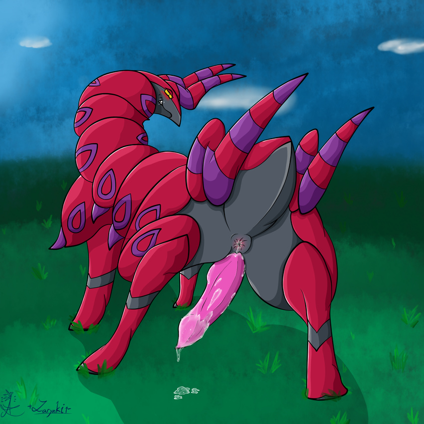 arthropod asbel_lhant blush butt cum cum_inside cum_on_penis gay grin horn insect larynkir leaking male nintendo penis pok&#233;mon pok&eacute;mon precum scolipede simple_background video_games