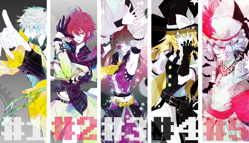 armpits ascot bat_wings belt black_hair blonde_hair blue_eyes blue_hair bow braid cosplay detached_sleeves dio_brando dio_brando_(cosplay) fangs fernnn gloves hair_bow hair_tubes hakurei_reimu hat highres horikawa_raiko izayoi_sakuya jacket jojo_no_kimyou_na_bouken jojo_pose kirisame_marisa long_hair looking_at_viewer multiple_girls necktie pose red_eyes red_hair remilia_scarlet ribbon shirt short_hair silver_hair skin_tight skirt touhou twin_braids wings witch_hat yellow_eyes