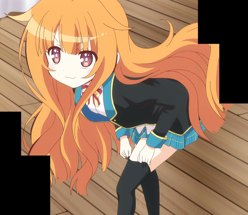 1girl amatsuka_mao female gj-bu highres orange_hair purple_eyes school_uniform screencap solo stitched thighhighs wood_flooring wooden_floor