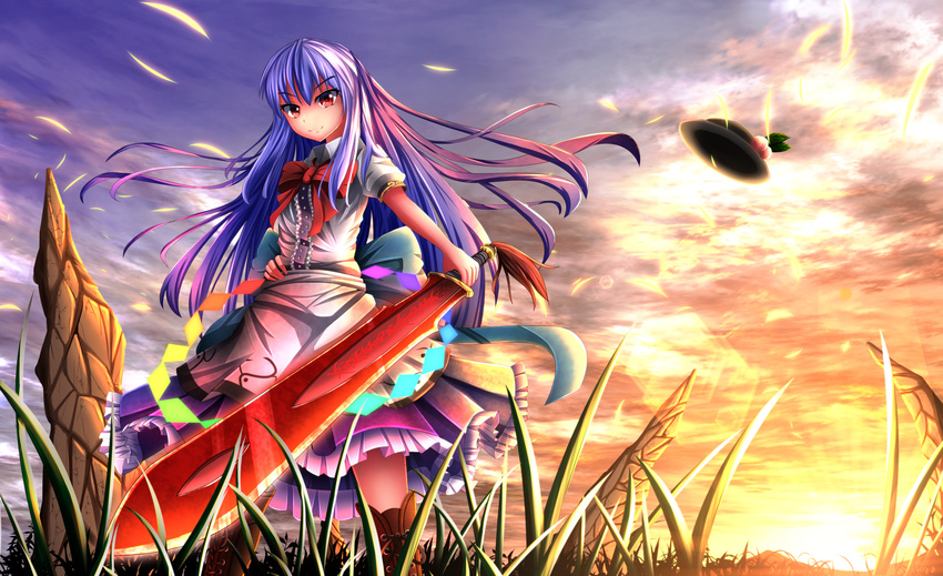 bad_id bad_pixiv_id blue_hair boots bow cloud cross-laced_footwear food fruit grass hat hat_removed headwear_removed highres hinanawi_tenshi lens_flare long_hair peach puffy_sleeves red_eyes rock shirt short_sleeves skirt smile solo sunset sword_of_hisou tasogare_(ddfftasogare) touhou very_long_hair wind