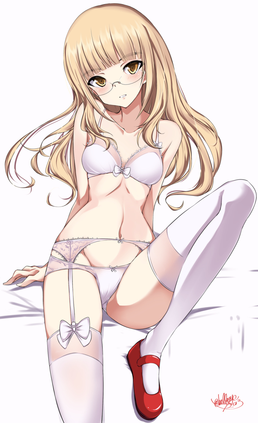 1girl bangs bare_shoulders blonde_hair blunt_bangs bow bow_bra bra breasts bullseye1203 collarbone eyebrows_visible_through_hair garter_belt glasses head_tilt highres knee_up long_hair looking_at_viewer navel panties perrine_h_clostermann red_footwear shoes signature simple_background sitting small_breasts solo strike_witches thighhighs twitter_username underwear underwear_only white_background white_bow white_bra white_legwear white_panties world_witches_series yellow_eyes