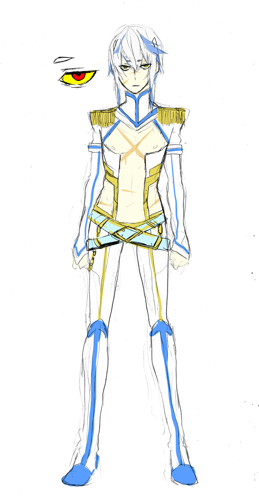absurdres belt ebippoid epaulettes expressionless highres junketsu kill_la_kill male_focus multicolored_hair personification scar sketch solo two-tone_hair