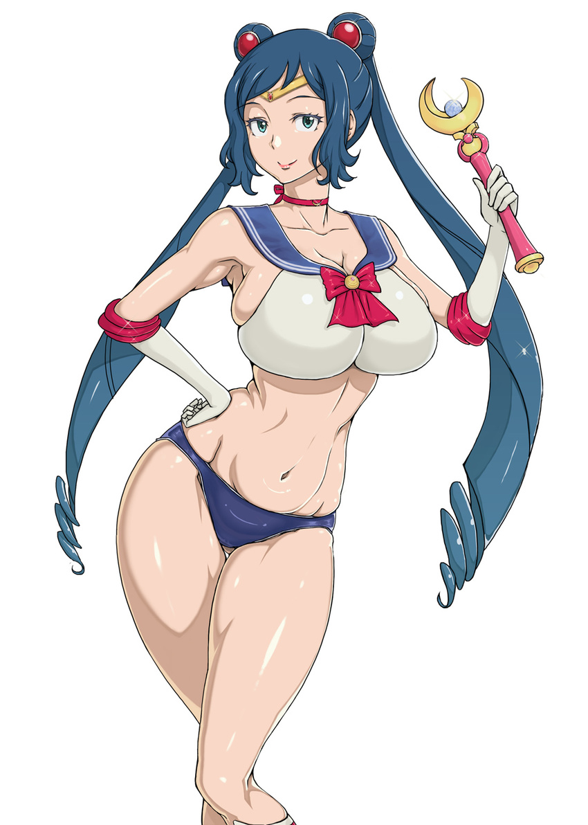 ao_madoushi bishoujo_senshi_sailor_moon blue_eyes blue_hair blue_sailor_collar bow bra breasts choker cleavage cosplay double_bun drill_hair elbow_gloves gloves gundam gundam_build_fighters hand_on_hip highres holding holding_wand iori_rinko large_breasts long_hair maboroshi_no_ginzuishou mitsuishi_kotono moon_stick panties red_bow red_choker sailor_collar sailor_moon sailor_moon_(cosplay) sailor_moon_narikiri_bra_set sailor_senshi_uniform seiyuu_connection simple_background smile solo stomach tiara twin_drills twintails underwear underwear_only very_long_hair wand white_background white_gloves
