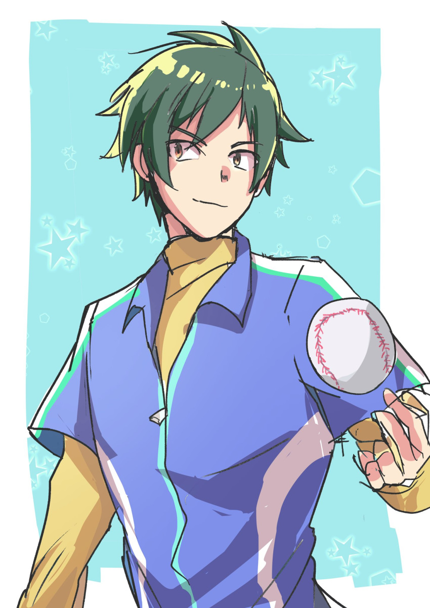 1boy :d aqua_hair baseball baseball_uniform blue_background closed_mouth green_hair highres idolmaster idolmaster_side-m igari_leo looking_to_the_side male_focus open_mouth patterned_background short_sleeves smile solo sportswear star turtleneck upper_body yellow_eyes zipper_pull_tab