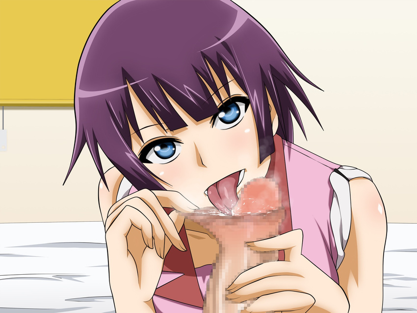 1girl bakemonogatari bed blue_eyes blush censored fellatio foreskin foreskin_pull highres licking looking_at_viewer monogatari_(series) open_mouth oral penis purple_hair school_uniform senjougahara_hitagi short_hair smegma smegma_in_mouth tongue tongue_out vermilion