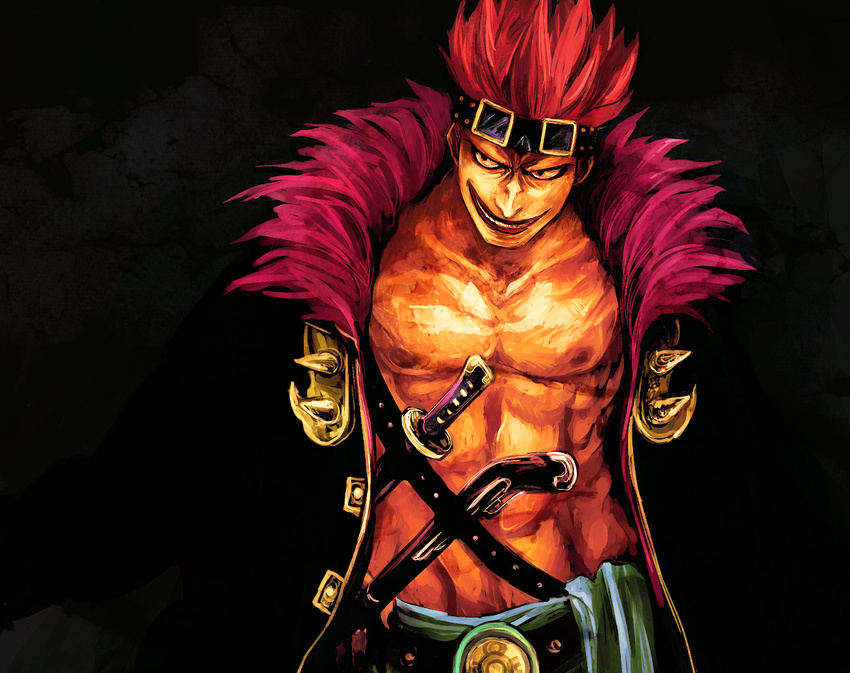 1boy eustass_captain_kid fur_trim goggles goggles_on_head gun knife male male_focus muscle nude_jacket one_piece open_clothes open_shirt painterly red_hair sabaody_archipelago shirt solo tsuyomaru weapon