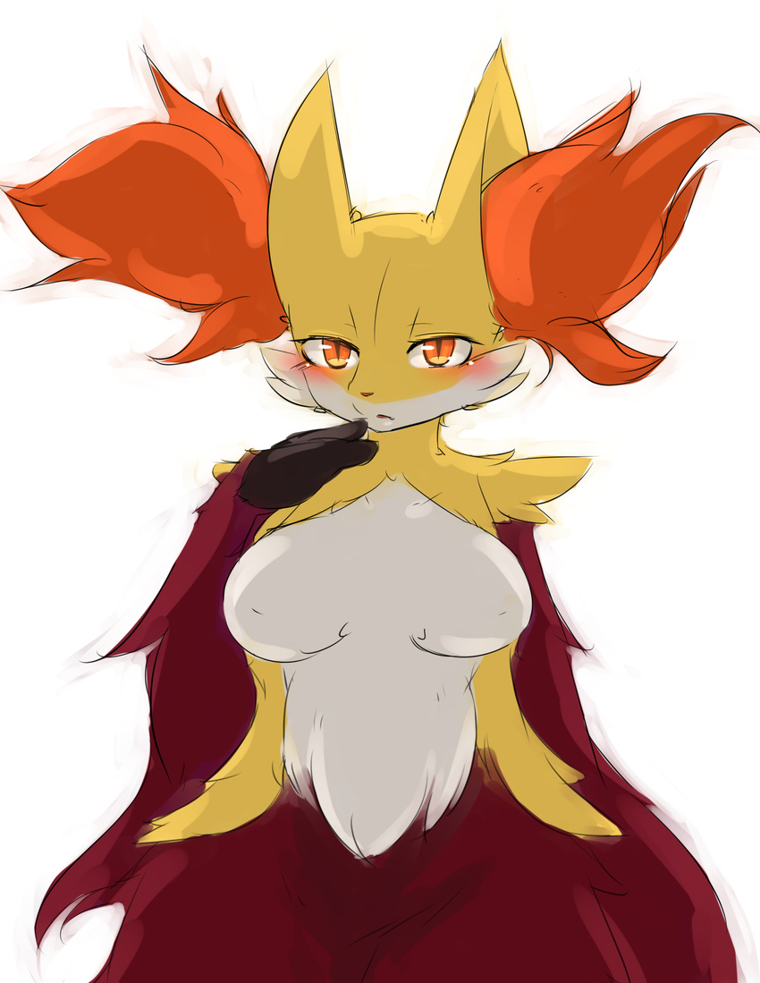 blush breasts canine chipar delphox female fennec fire_type fox fur hi_res looking_at_viewer mammal nintendo open_mouth orange_eyes plain_background pok&#233;mon pok&eacute;mon psychic_type solo standing video_games white_background white_fur yellow_fur