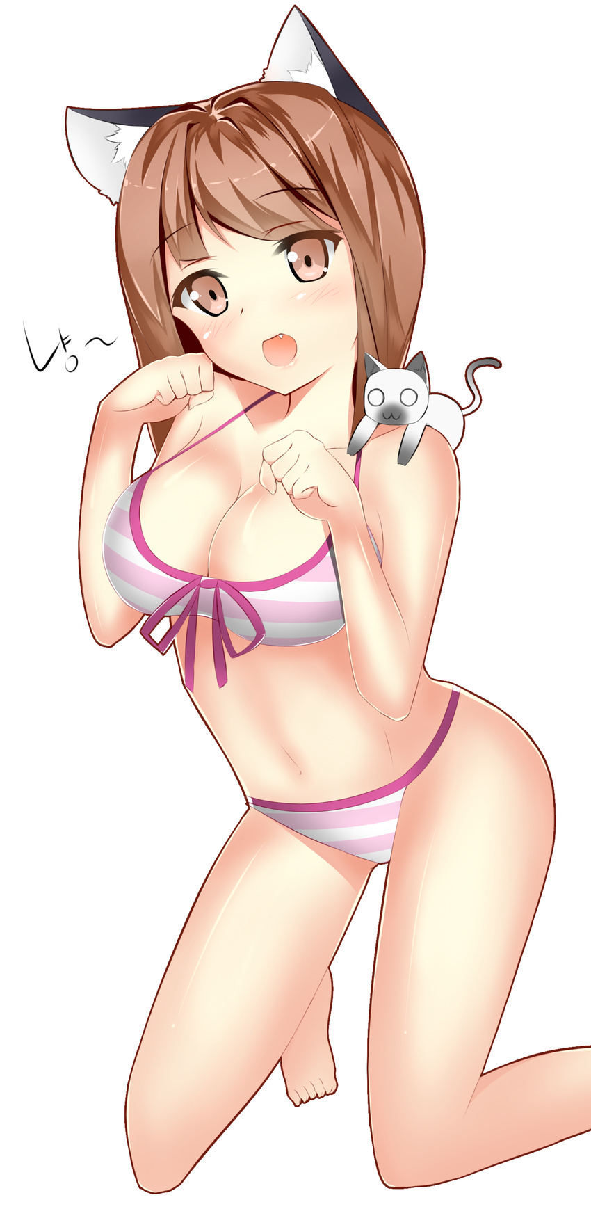 1girl absurdres animal animal_ears bikini blush breasts brown_eyes brown_hair cat cat_ears cleavage fang female freesha highres kneeling long_hair looking_at_viewer open_mouth original paw_pose simple_background solo straight_hair striped striped_bikini striped_swimsuit swimsuit white_background