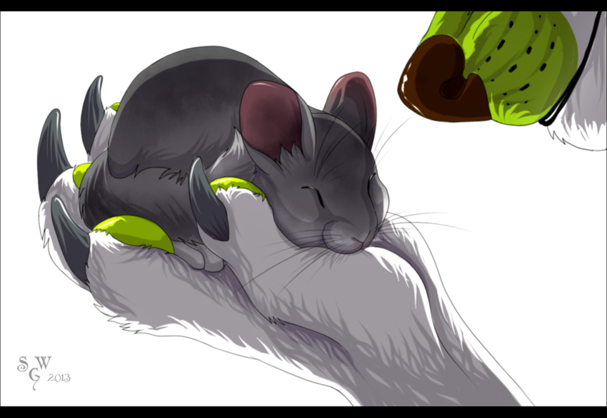 brown_nose canine chinchilla claws eyes_closed green_pawpads guin mammal pawpads paws plain_background rodent silvergrin size_difference whiskers white_background wolf