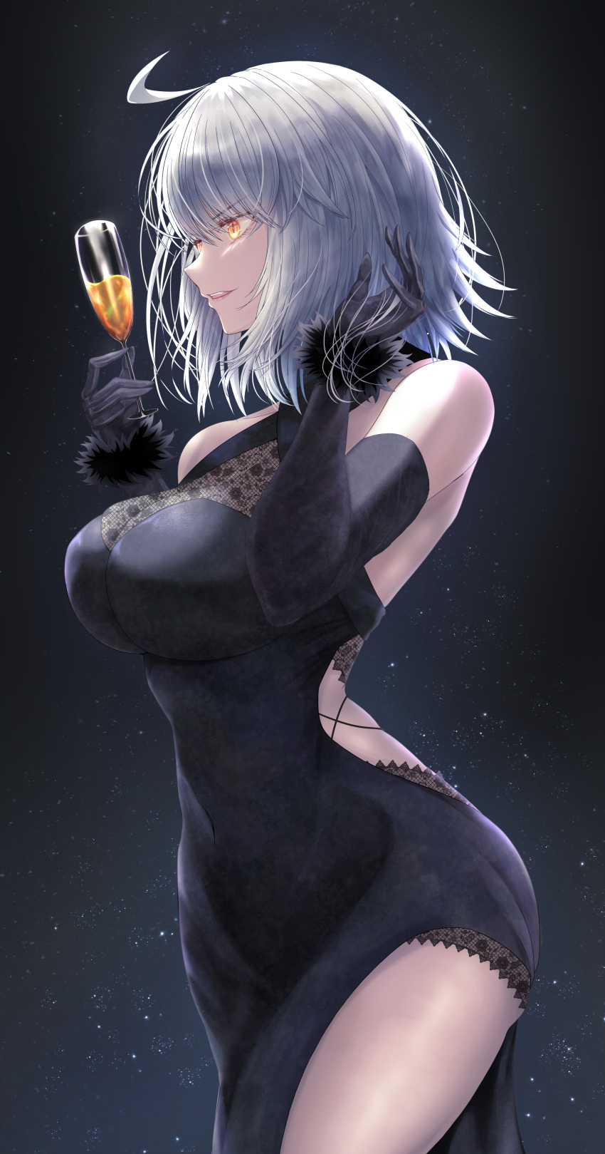 1girl absurdres ahoge bangs bare_shoulders black_dress black_gloves breasts cleavage cup dress drink drinking_glass elbow_gloves fate/grand_order fate_(series) fur-trimmed_gloves fur_trim gloves highres holding holding_drink jeanne_d'arc_(alter)_(fate) jeanne_d'arc_(fate) large_breasts penguintake short_hair silver_hair sky smile solo star_(sky) starry_sky thighs tsurime yellow_eyes