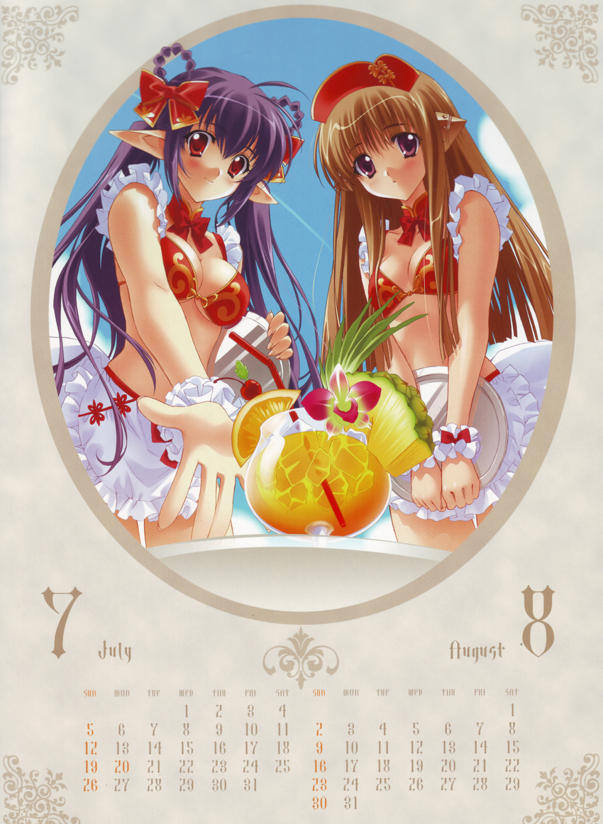 2girls :o absurdres antenna_hair apron august bangs bikini bikini_top blue_hair blush bow bowtie braid breasts brown_hair calendar_(medium) carnelian cherry cleavage cloud detached_collar drink drinking_straw embarrassed fairy_factory fingernails flower food foreshortening frills fruit hair_bow hat highres holding ice july long_fingernails long_hair looking_at_viewer medium_breasts midriff multiple_girls orange outdoors outstretched_hand pineapple pointy_ears print_bikini purple_eyes red_eyes robot_ears scan seika_(fairy_factory) sidelocks sky smile swimsuit table touka_(fairy_factory) transparent tray twin_braids twintails underboob very_long_hair waist_apron waitress wrist_cuffs