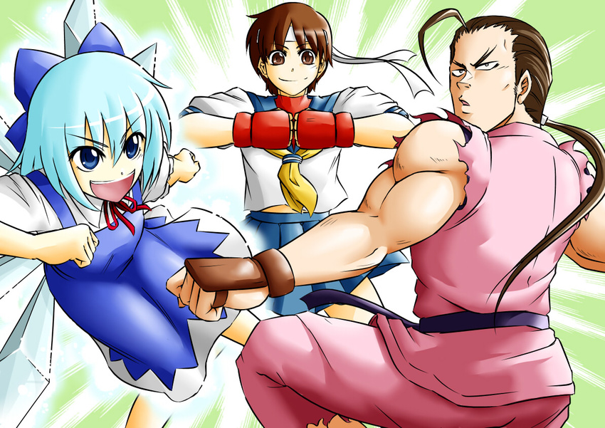 2girls blue_sailor_collar cirno crossover hibiki_dan kanno_takanori kasugano_sakura m.u.g.e.n multiple_girls sailor_collar school_uniform serafuku street_fighter touhou