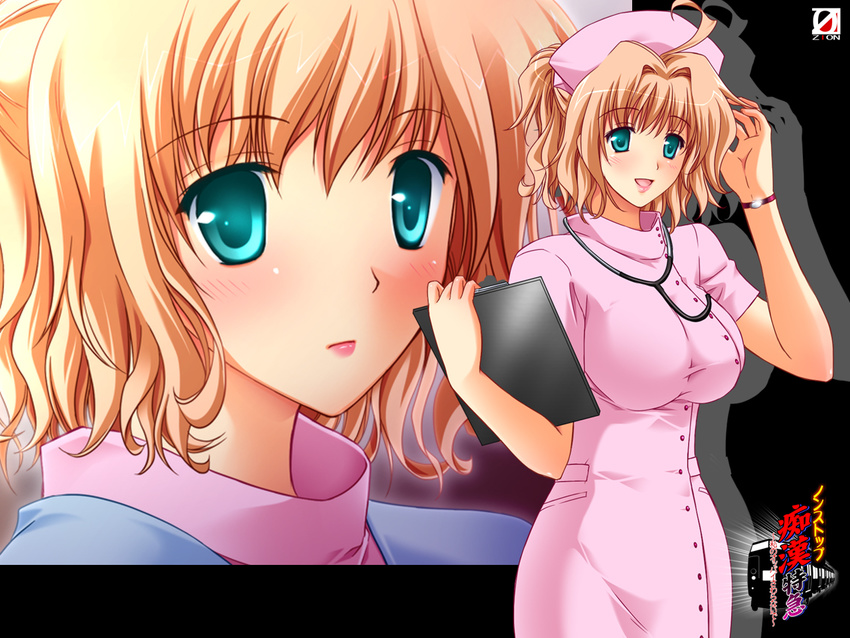 ahoge blonde_hair blush breasts clipboard green_eyes hat large_breasts miniskirt nogami_sakura non-web_source non_stop_chikan_tokkyu nurse nurse_cap short_hair skirt stethoscope uniform wallpaper watch wristwatch zoom_layer zurumu_ken