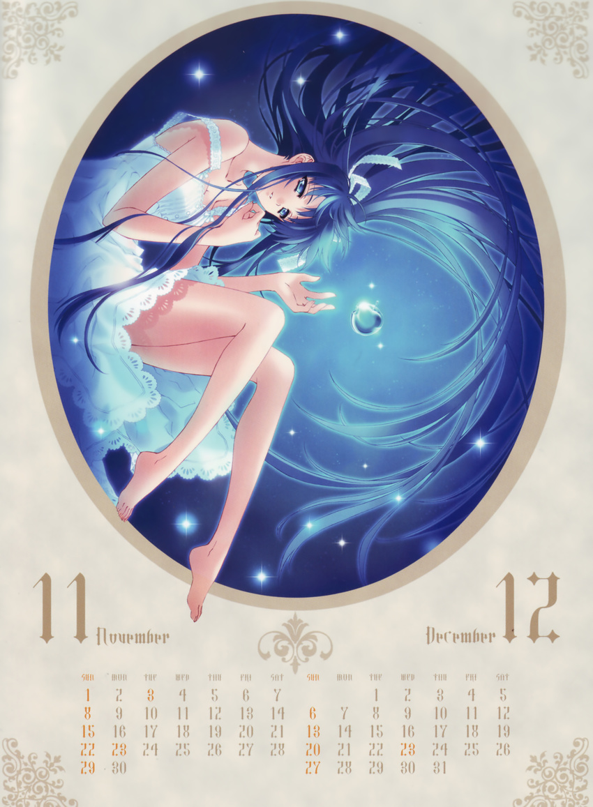 2009 absurdres apple barefoot blue_eyes blue_hair bow calendar_(medium) carnelian copyright_request december dress feet food fruit hair_bow highres long_hair november scan solo star very_long_hair