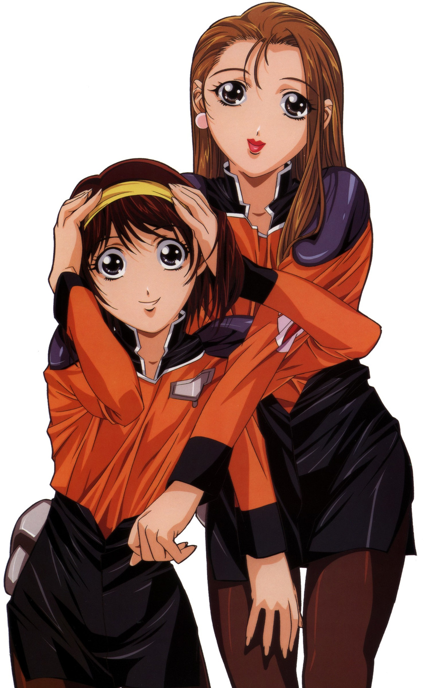 90s absurdres age_difference bangs black_eyes black_legwear brown_hair cowboy_shot earrings fingernails gotou_keiji gun hairband hand_on_own_thigh hands_on_own_head haruka_minato high_collar highres holster jewelry kidou_senkan_nadesico kidou_senkan_nadesico_-_prince_of_darkness lipstick locked_arms long_fingernails long_hair long_sleeves looking_at_viewer makeup military military_uniform multiple_girls official_art pantyhose pencil_skirt red_lipstick scan shiratori_yukina short_hair side_slit simple_background skirt uniform weapon white_background