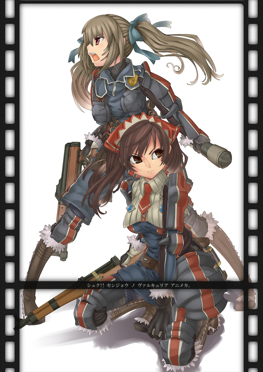 alicia_melchiott armor ayaki boots brown_eyes brown_hair edy_nelson explosive film_border gloves grenade gun hair_ribbon highres military military_uniform multiple_girls ribbon rifle senjou_no_valkyria senjou_no_valkyria_1 shorts twintails uniform weapon