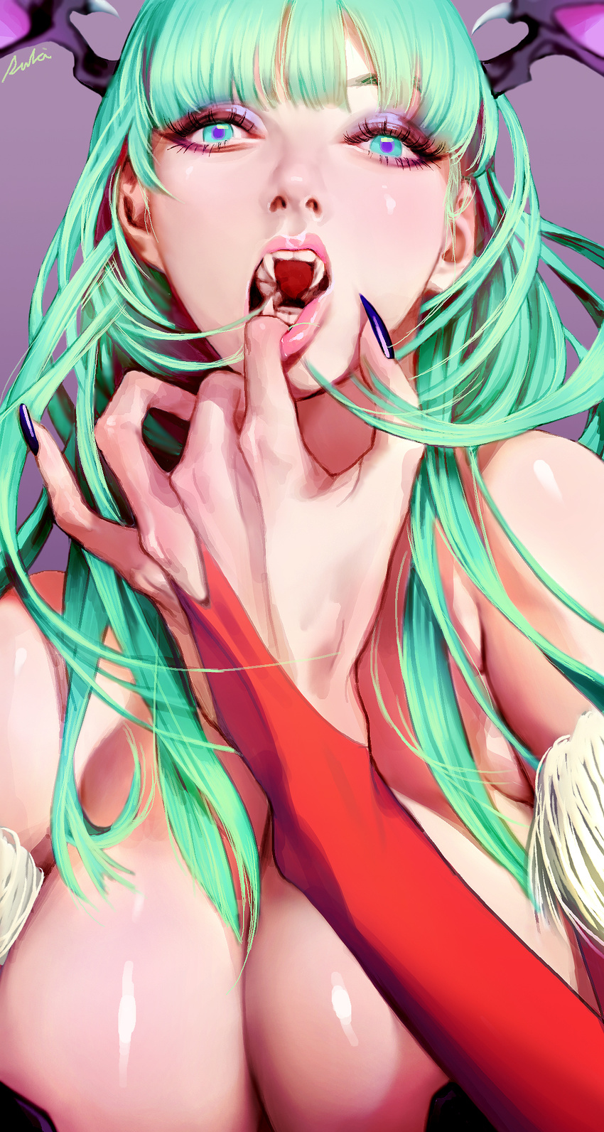 aqua_eyes aqua_hair bad_id bad_pixiv_id bare_shoulders breasts bridal_gauntlets cleavage close-up demon_girl eyelashes eyeshadow face fangs fingernails hands head_wings highres large_breasts lips long_hair looking_at_viewer makeup morrigan_aensland naughty_face nose purple_background rukiana shiny shiny_skin simple_background solo succubus teeth upper_body vampire_(game)