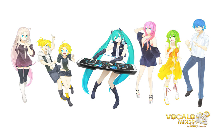 5girls ahoge album_cover alternate_costume aqua_eyes aqua_hair belt black_legwear blonde_hair blue_eyes blue_hair boots breasts character_name cleavage closed_eyes cover cross-laced_clothes cup denim dress dress_shirt drinking_glass elbow_gloves fingerless_gloves gloves green_eyes green_hair gumi hair_over_shoulder hatsune_miku headphones high_heels hood hoodie ia_(vocaloid) jeans jewelry kagamine_len kagamine_rin kaito laughing long_hair medium_breasts megurine_luka mixing_console multiple_boys multiple_girls nail_polish necklace off-shoulder_sweater open_mouth pants phonograph pink_hair pink_nails poaro ponytail shirt shoes short_dress short_hair short_hair_with_long_locks shorts simple_background smile sweater thighhighs toenails turntable twintails unbuttoned very_long_hair vest vocaloid white_background wine_glass yellow_legwear